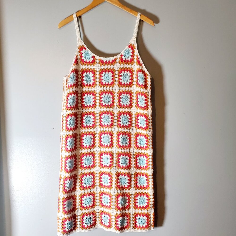 Y2K Crochet Granny Square Dress Large Boho Coastal Retro Knit - Picture 2 of 11